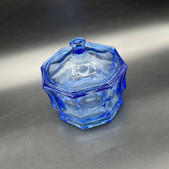 Vintage Candy Dish Blue Glass Octagon Trinket Holder Lid Indiana Glass Retro - Picture 1 of 7